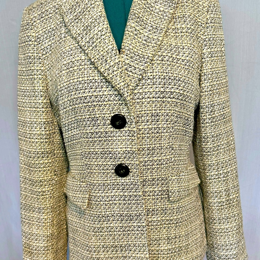 Vintage Tahari suit jacket, size 12, tan/white/black/silver, 2 buttons, pockets